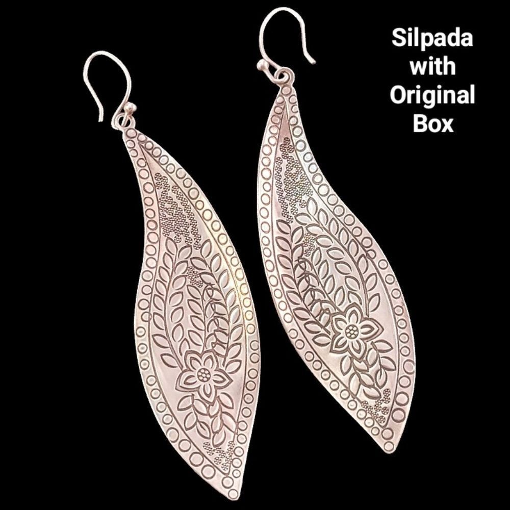 Silpada Sterling Stamped Etched Floral Freestyle Long Drop Earrings